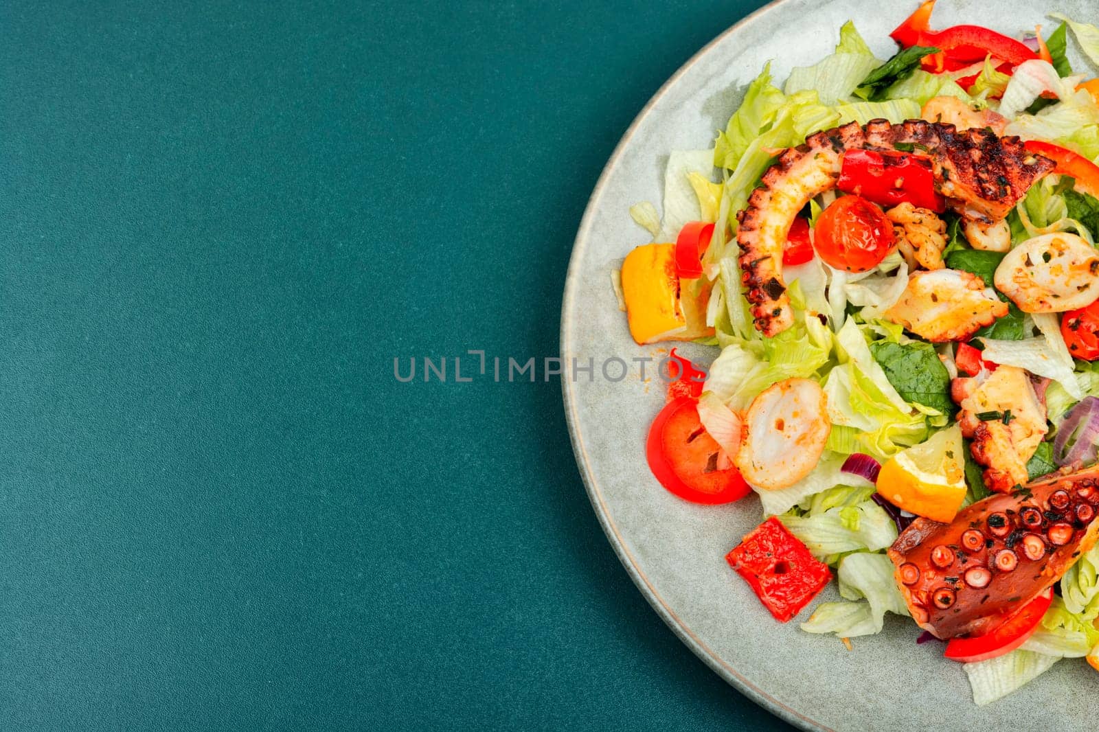 Tasty salad of fresh vegetables and octopus tentacles. Octopus salad. Copy space