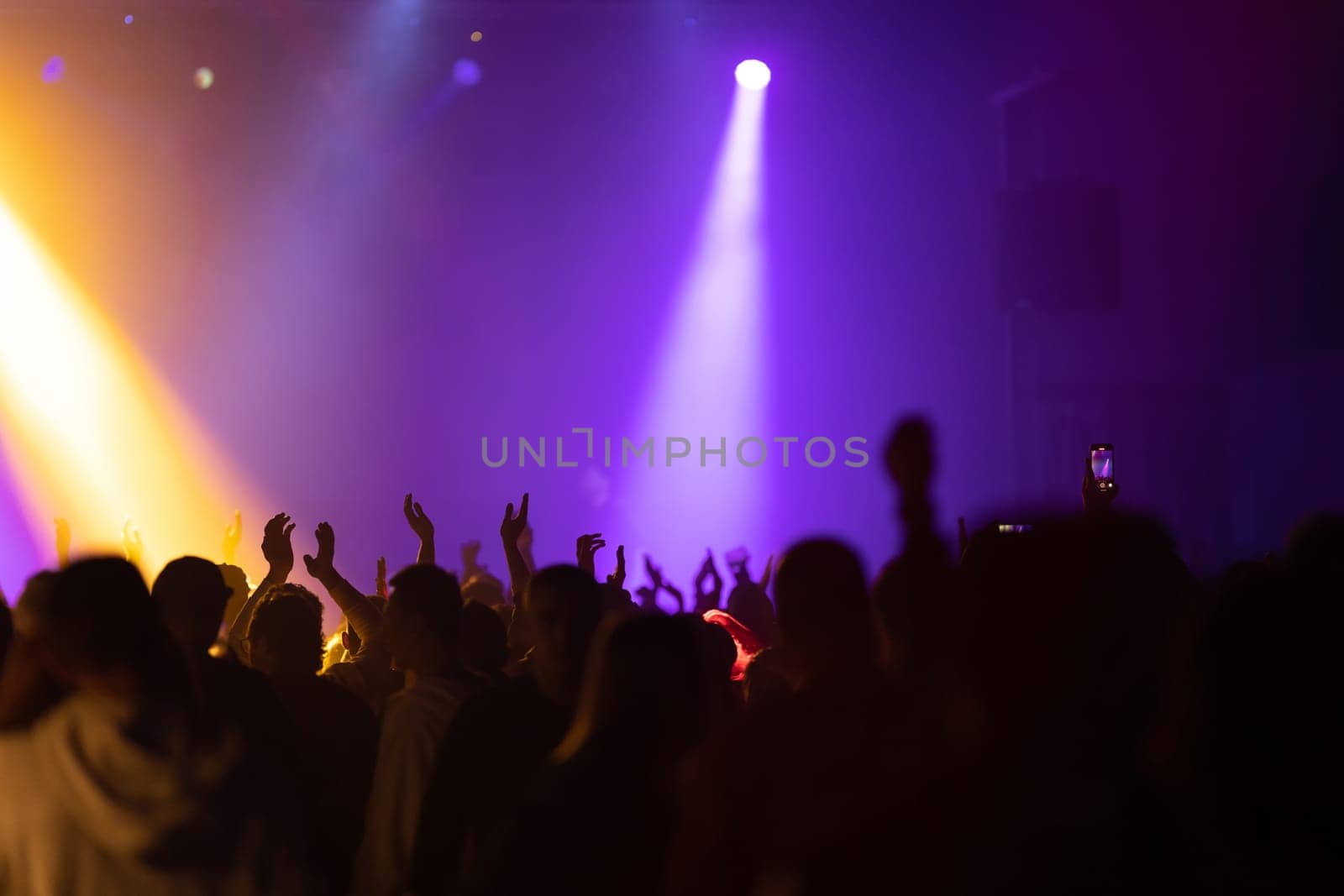 The crowd stretches their hands up at the concert. Mid shot