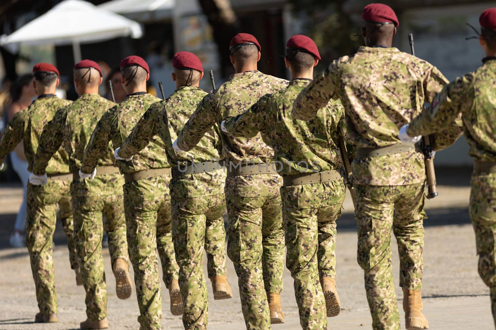 Portugal Commandos - special force soldiers march in a row. Mid shot