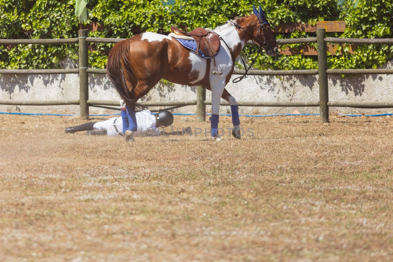 A kid falling from a horse at the ranch. Mid shot