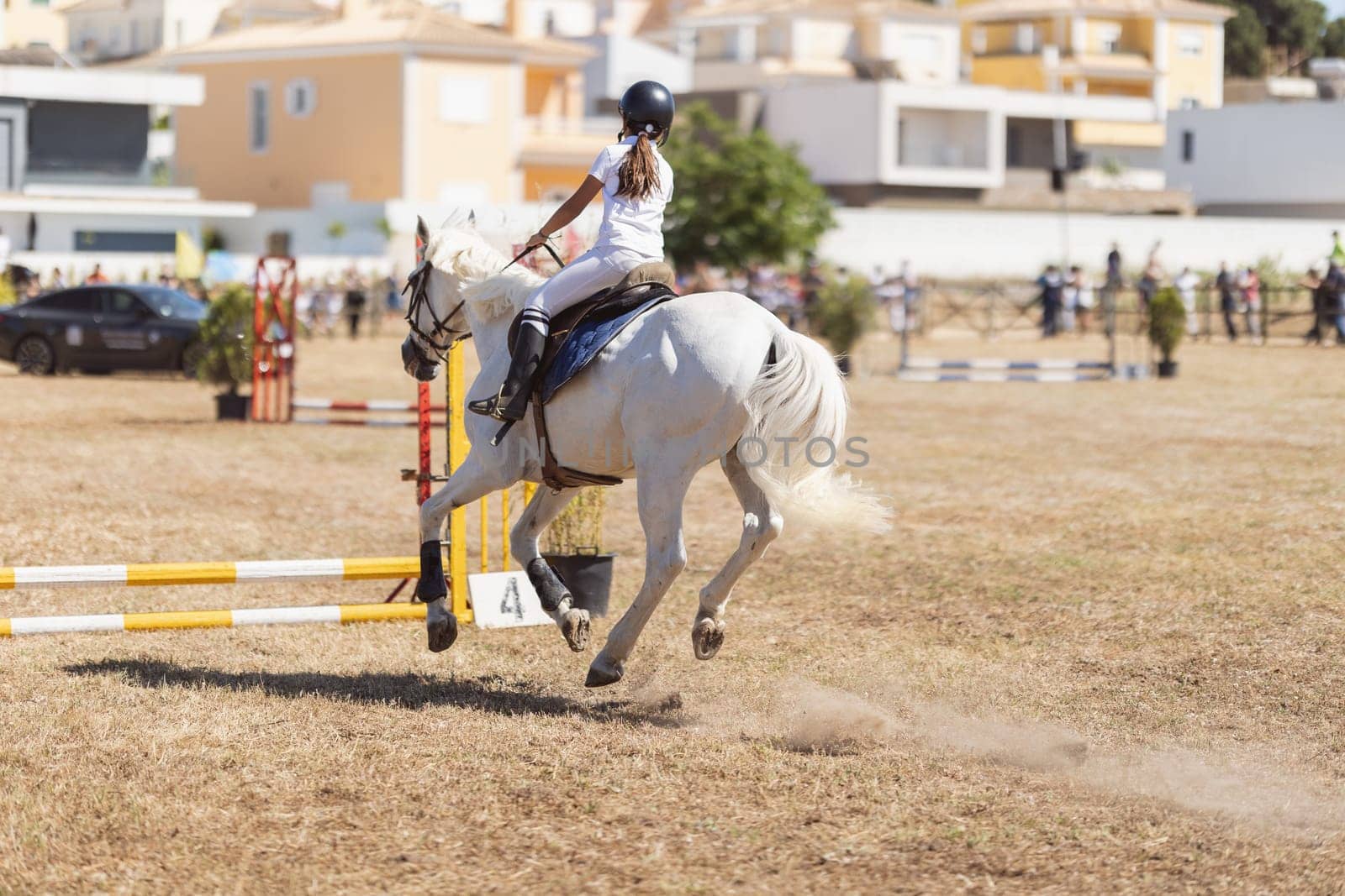Equestrian sport - a girl in uniform riding white horse at the ranch - jumping over the obsticles. Mid shot