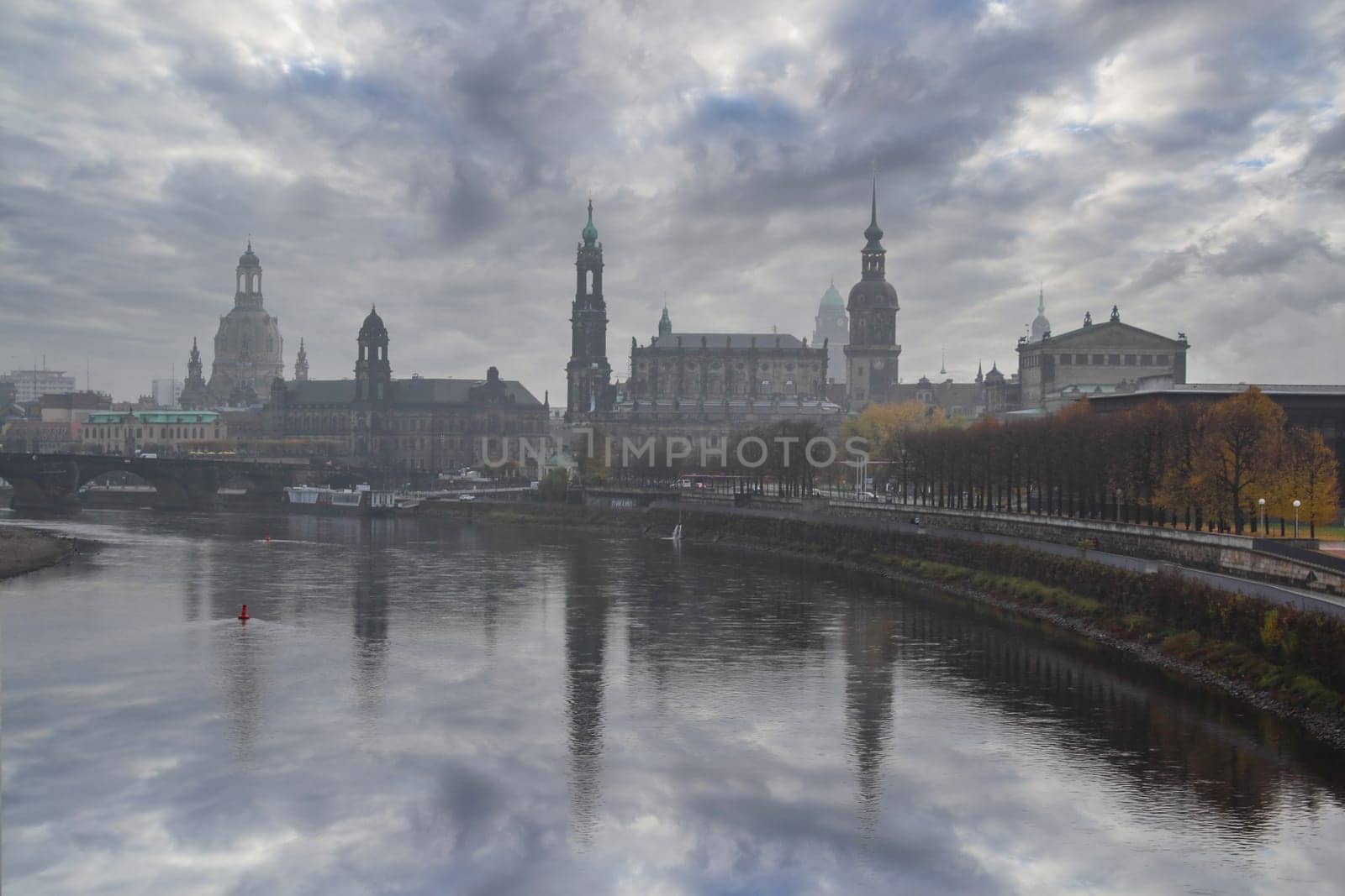 Skyline of downtown Dresden at fog, Germany