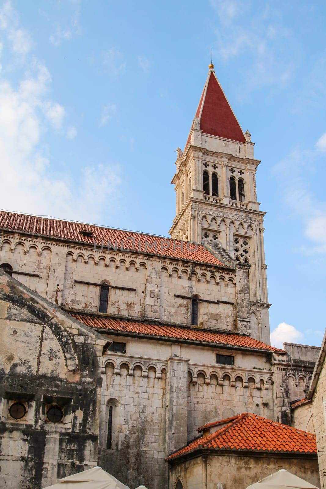 Bell tower of famous Saint Lawrence cathedral in Trogir, Croatia