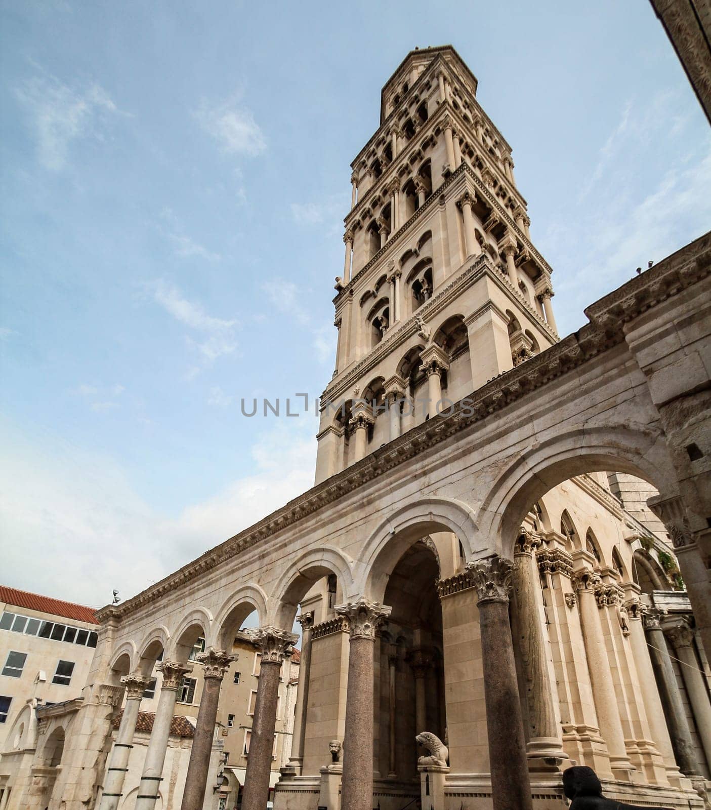 Famous bell tower at the ruins of Roman Deocletian palace in Split, Croatia