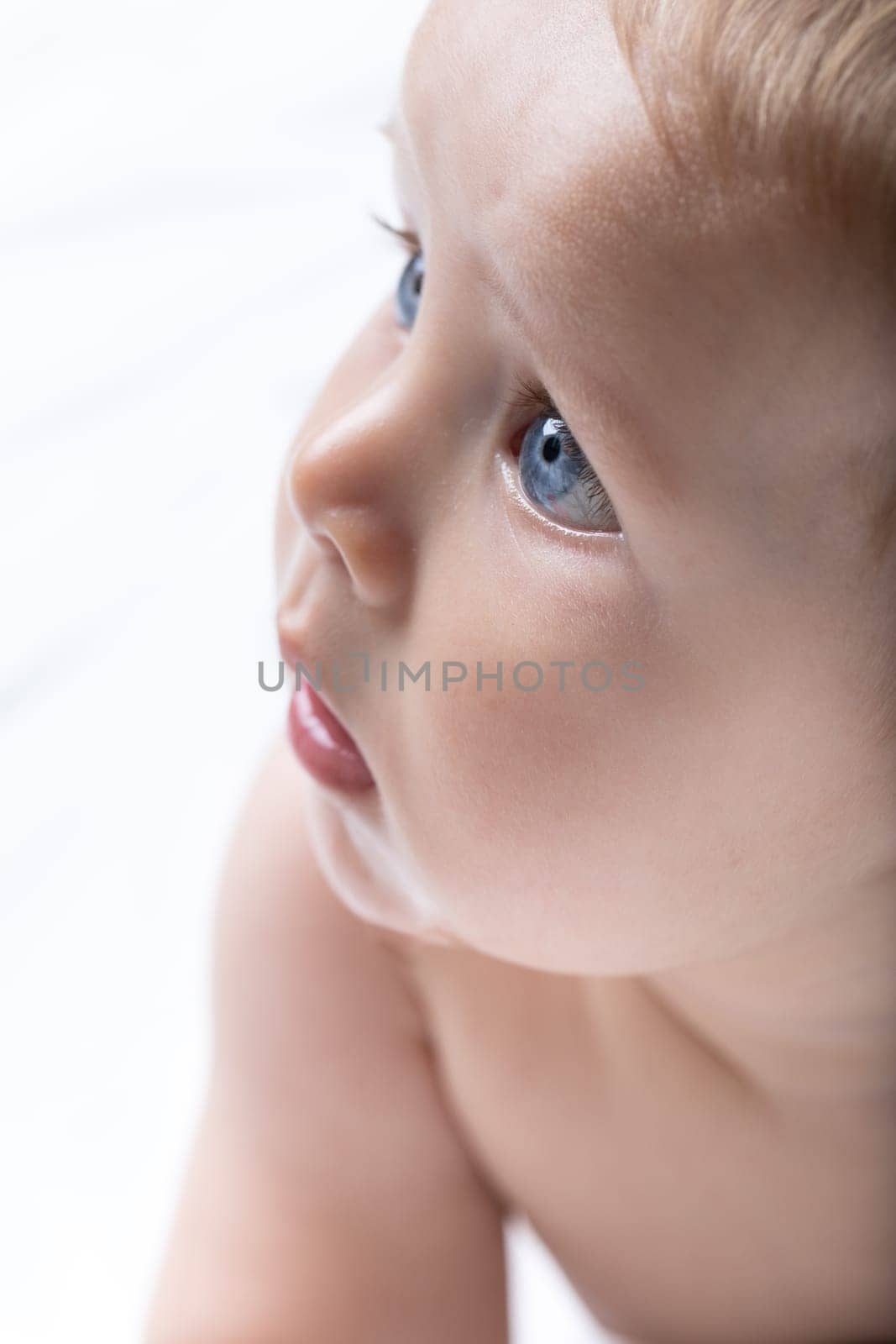 Portrait of an adorable innocent newborn blue eyed baby in a close up cropped side view of the face over a high key white background