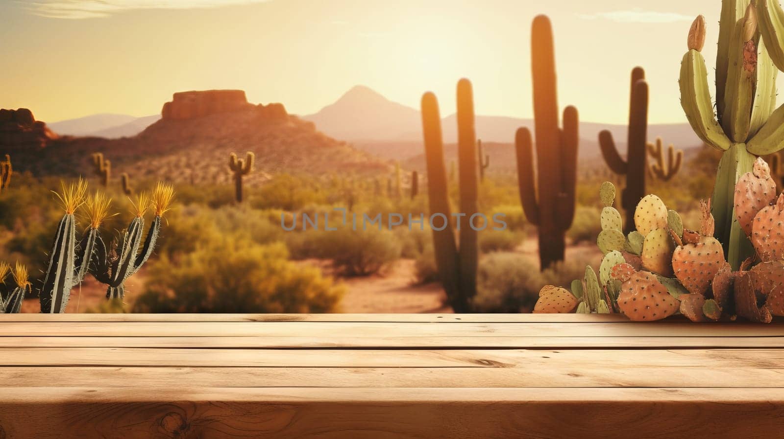 Minimalist empty wooden table adorned with a vibrant cactus plant