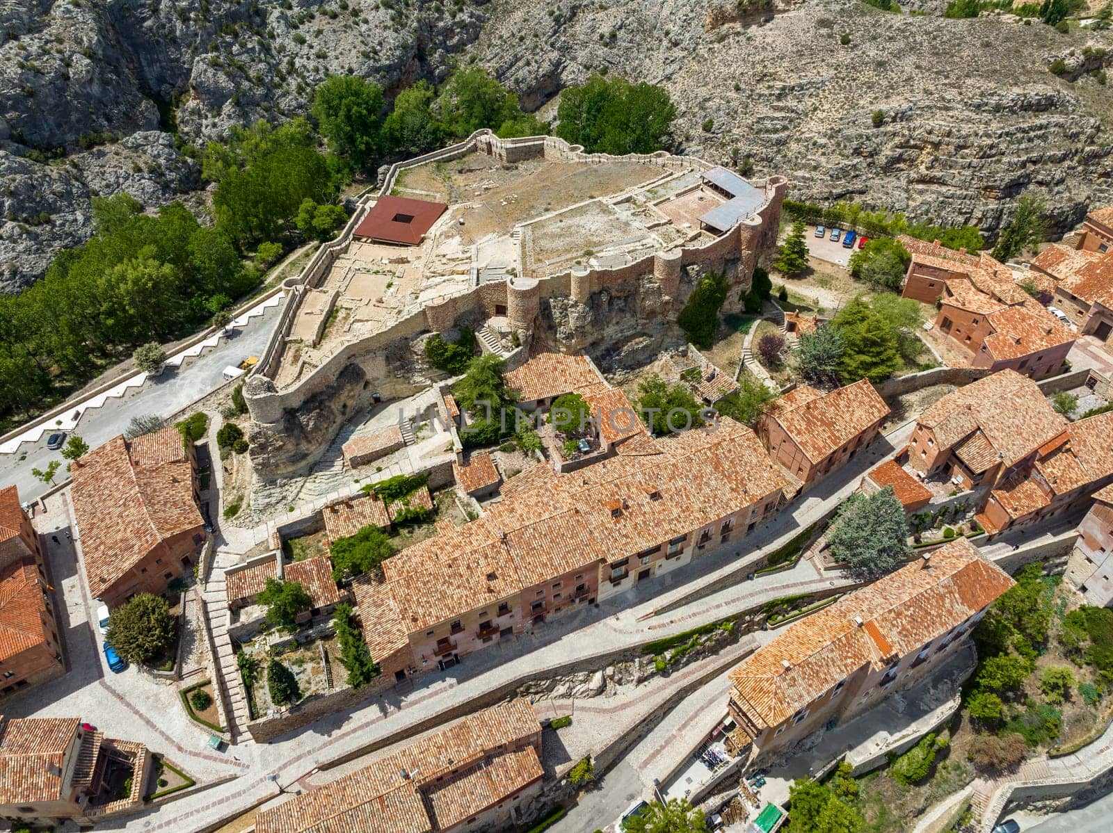 Aerial view Castle of Albarracin province of Teruel listed as beautiful towns of Spain