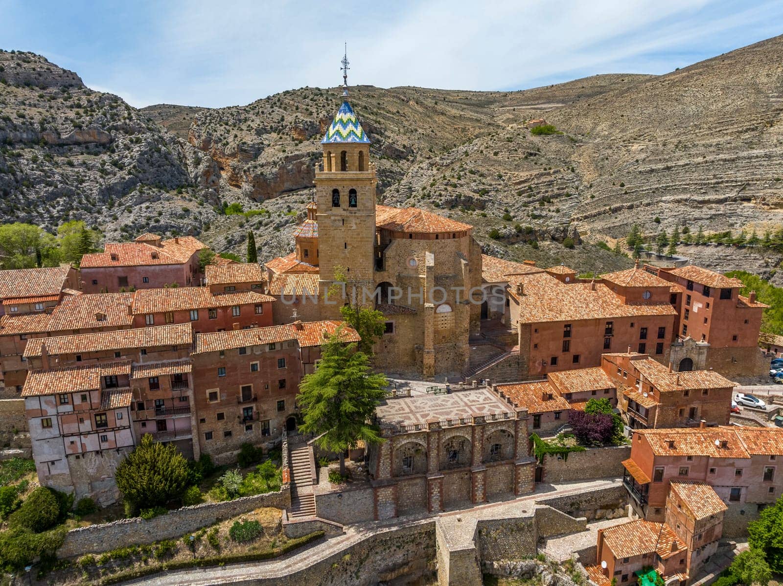 Aerial view Cathedral of Albarracin province of Teruel listed as beautiful towns of Spain