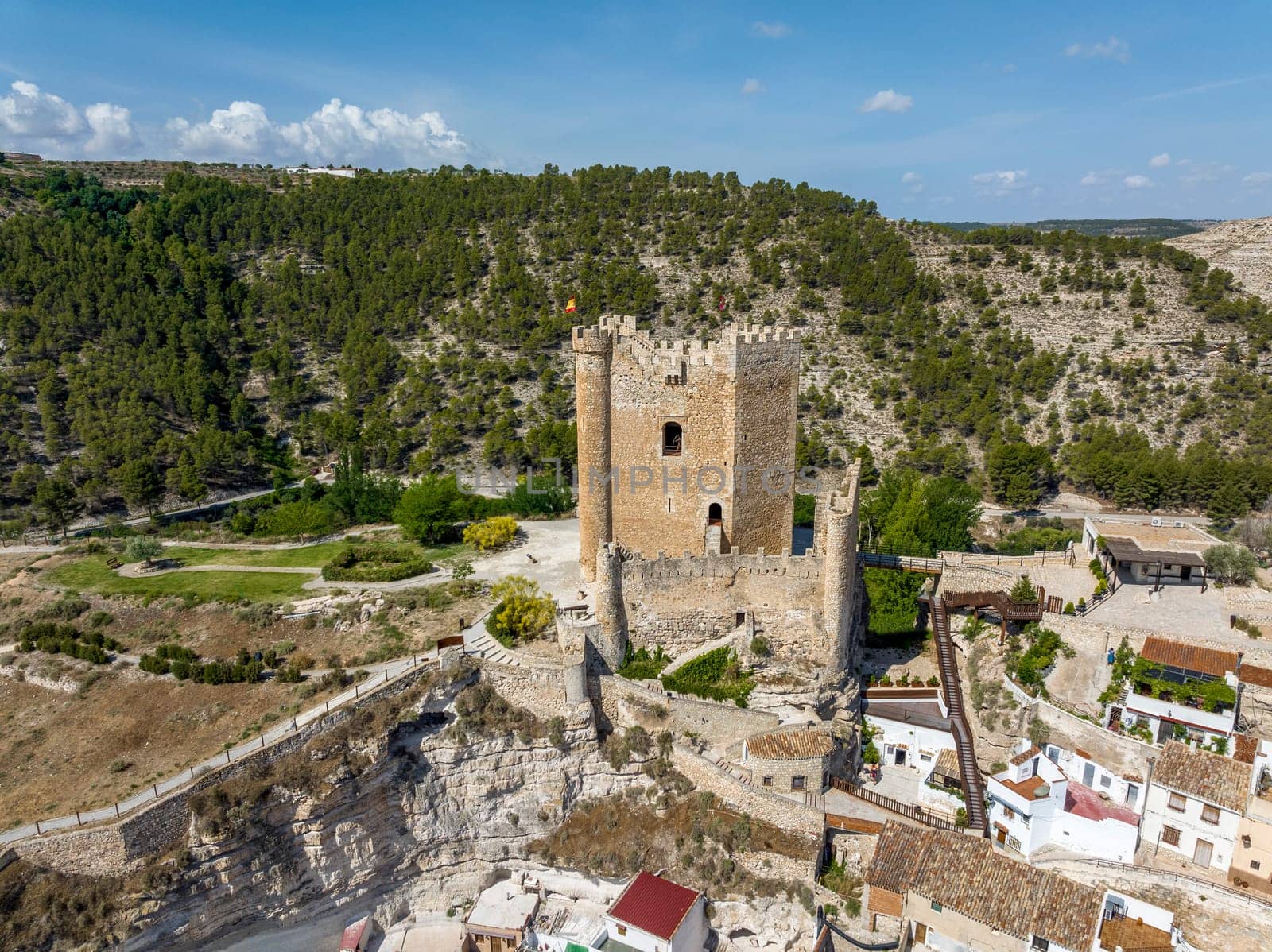 Aerial view of the Castle of Alcala del Jucar province of Albacete listed as beautiful towns of Spain