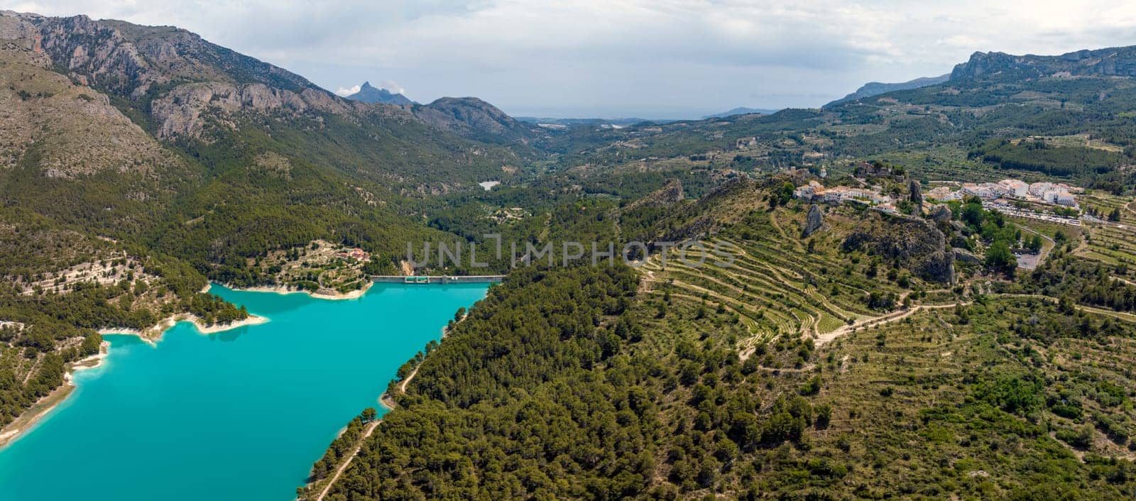 Panoramic aerial view of the Guadalest reservoir, Alicante province, listed as beautiful villages of Spain