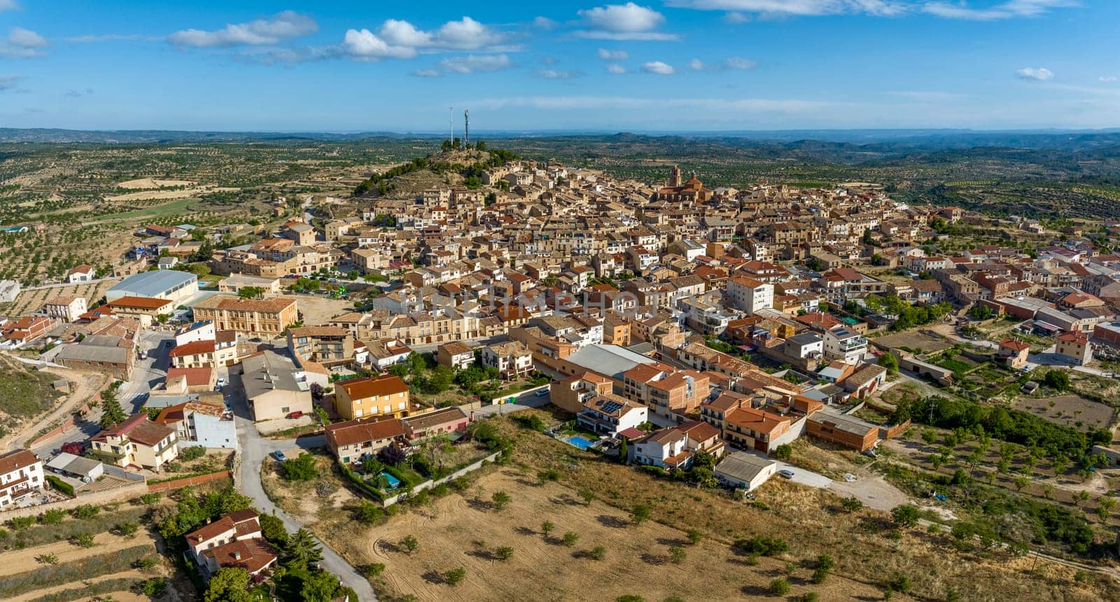The town of Calaceite, in the province of Teruel, Aragon, Spain. Panoramic Aerial view