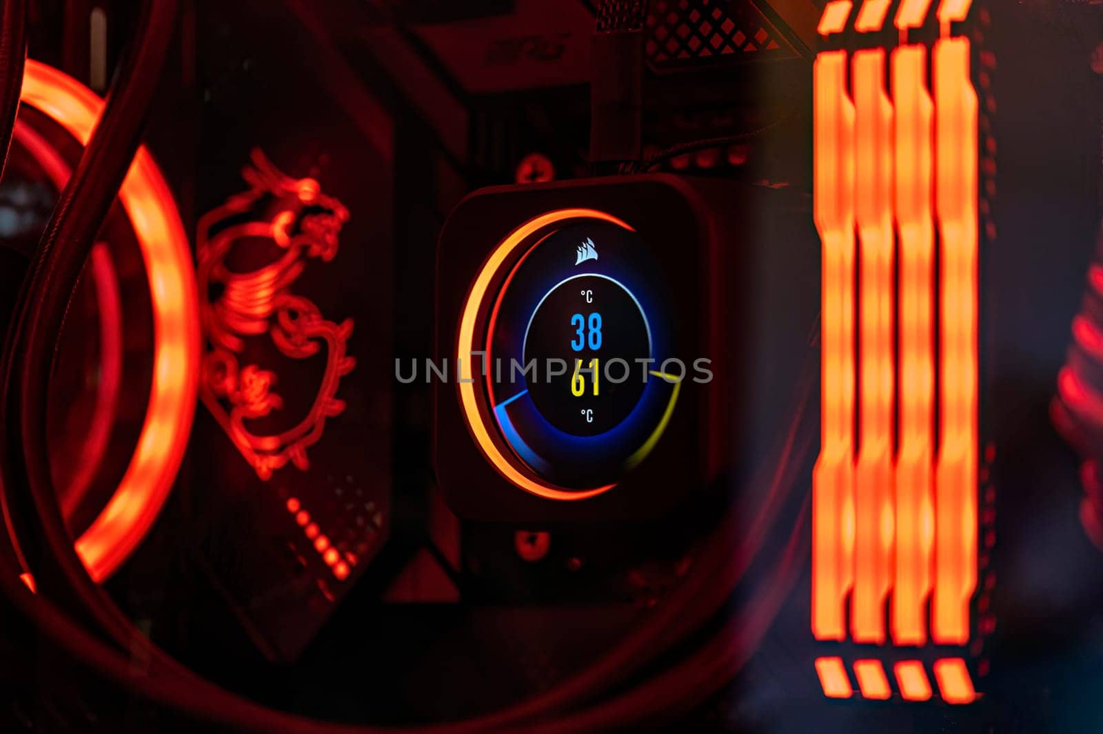 Milan, Italy 19 august 2023: A vivid view of a CPU's liquid cooling system inside a premium gaming computer.
