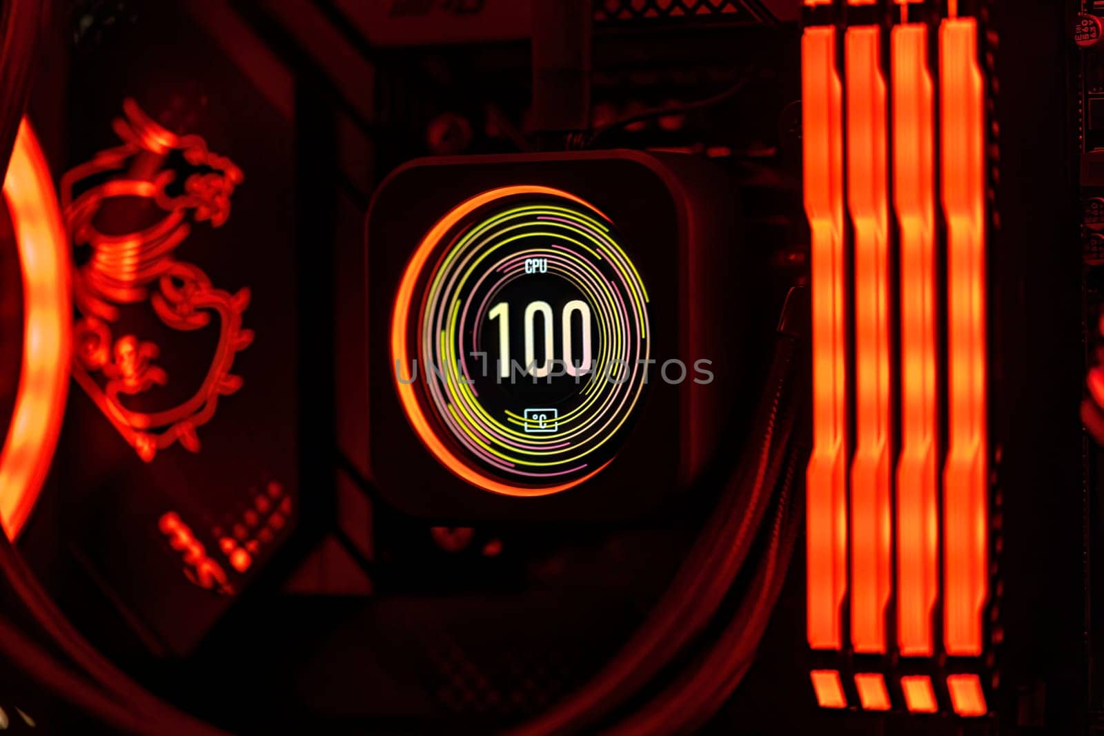 Milan, Italy 19 august 2023: A close-up of a CPU's liquid cooling system under high temperature inside a top-tier gaming computer.