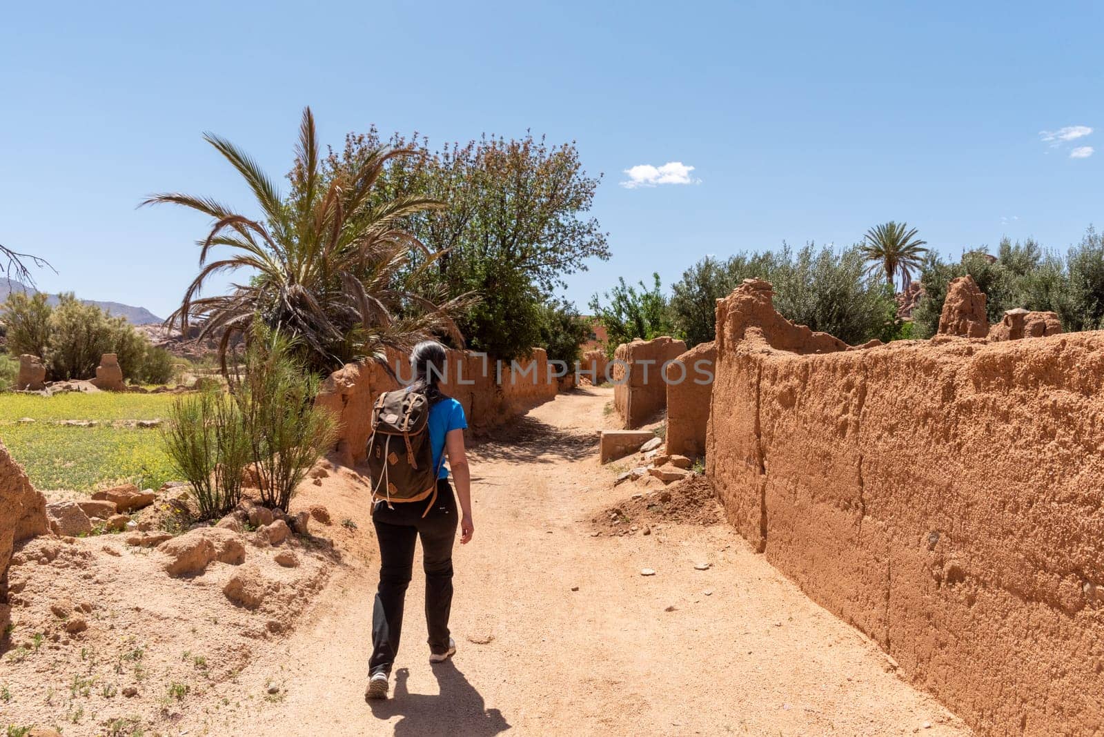Hiking through the scenic Tafraoute valley in the Anti-Atlas mountains in Morocco