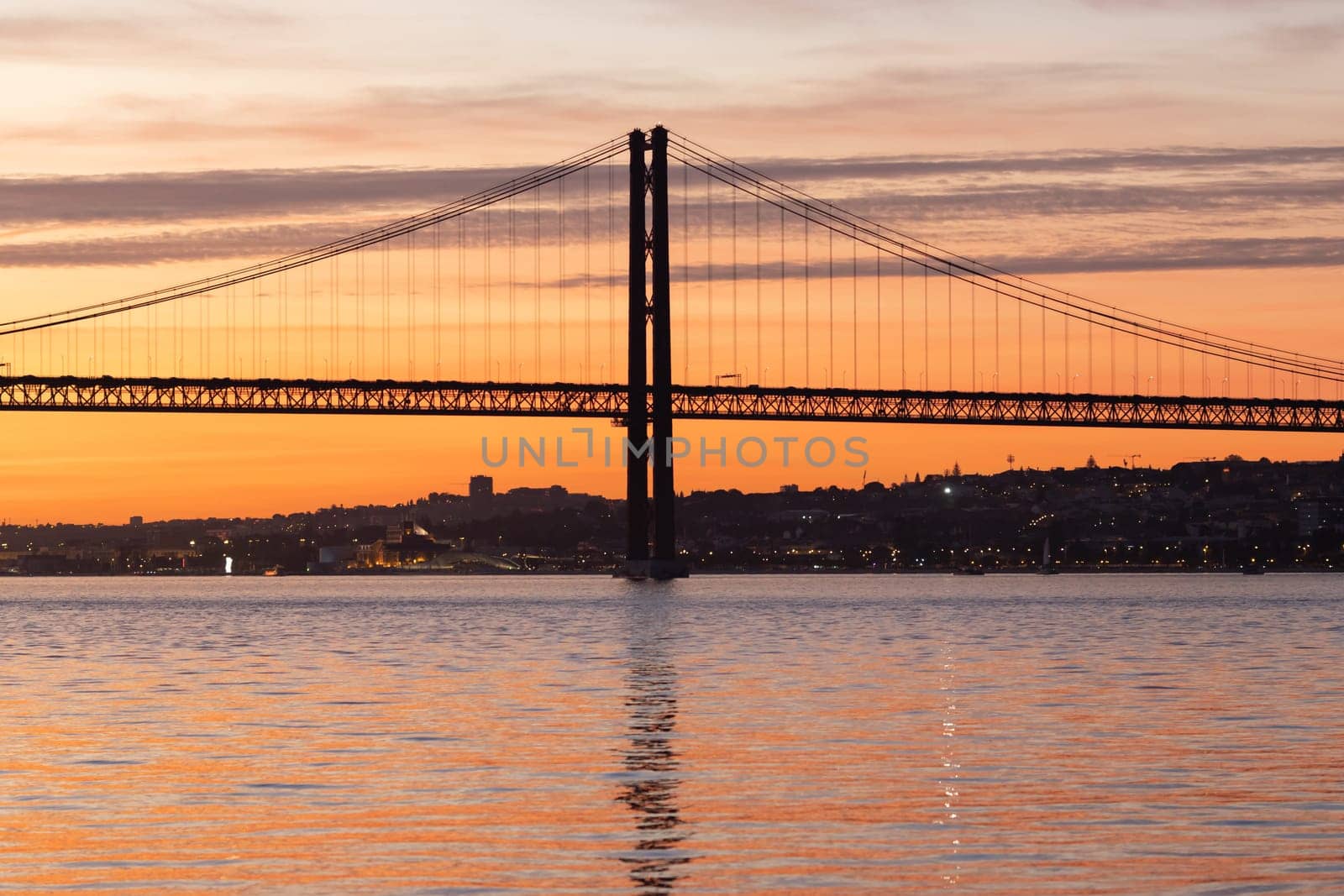 Lisbon and 25th of April Bridge at sunset. Mid shot