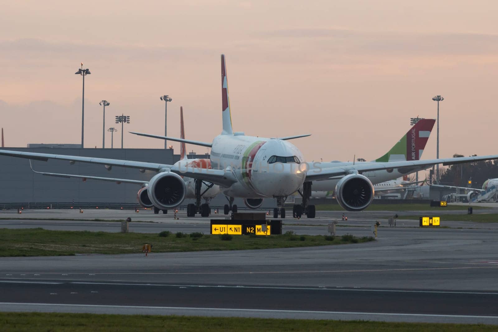 30 November 2022 PORTUGAL, LISBON: an AIRPORTUGAL airplane prepares to take off. Mid shot