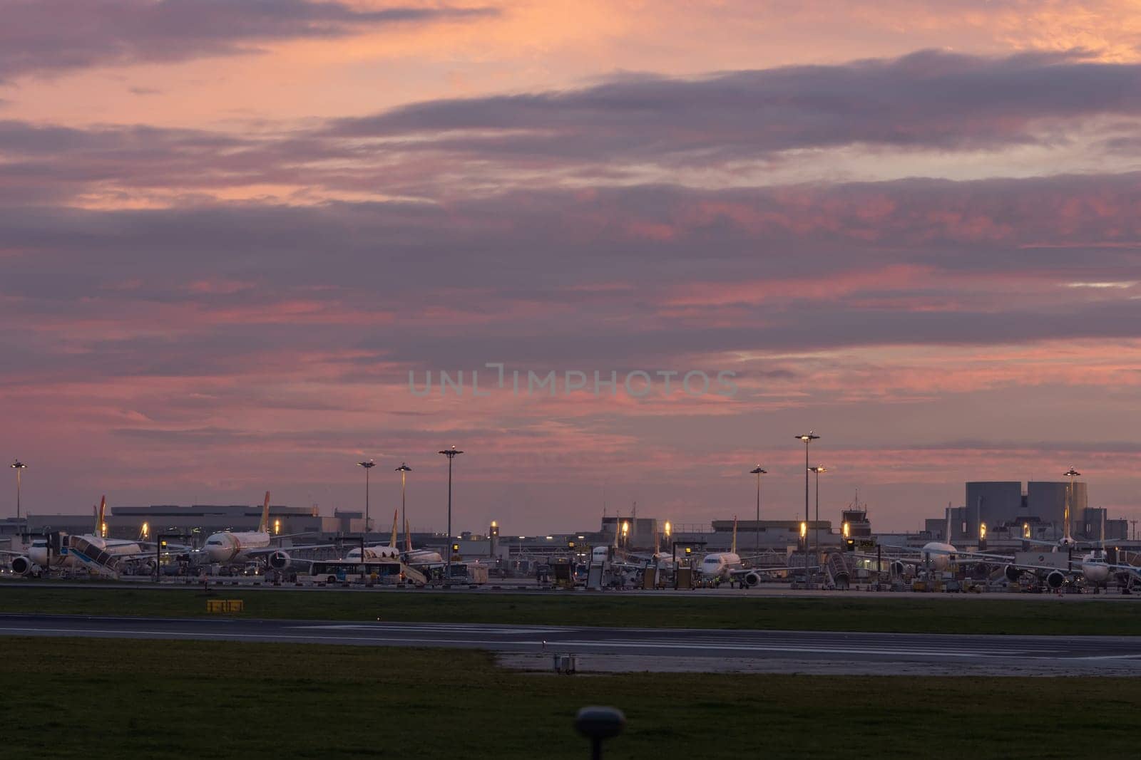30 November 2022 PORTUGAL, LISBON: airplane field at sunset. Mid shot
