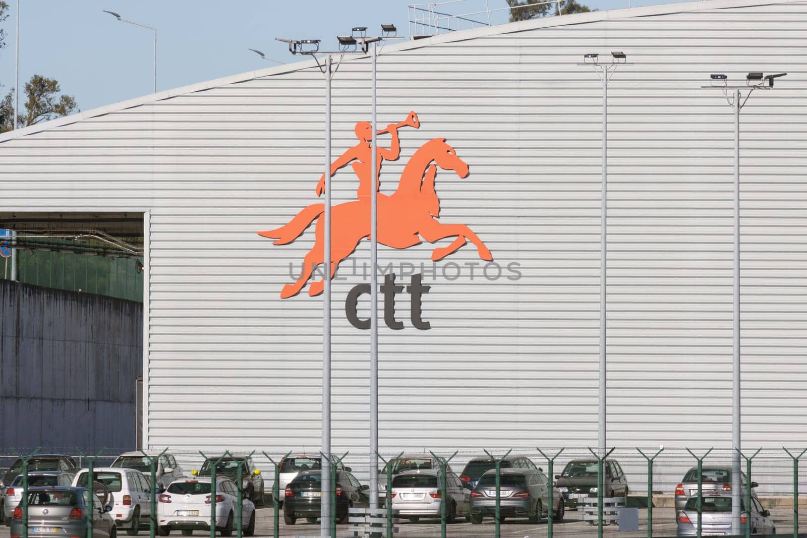 LISBON, PORTUGAL December 1, 2022: Logo and sign of CTT - Post of Portugal. Mid shot