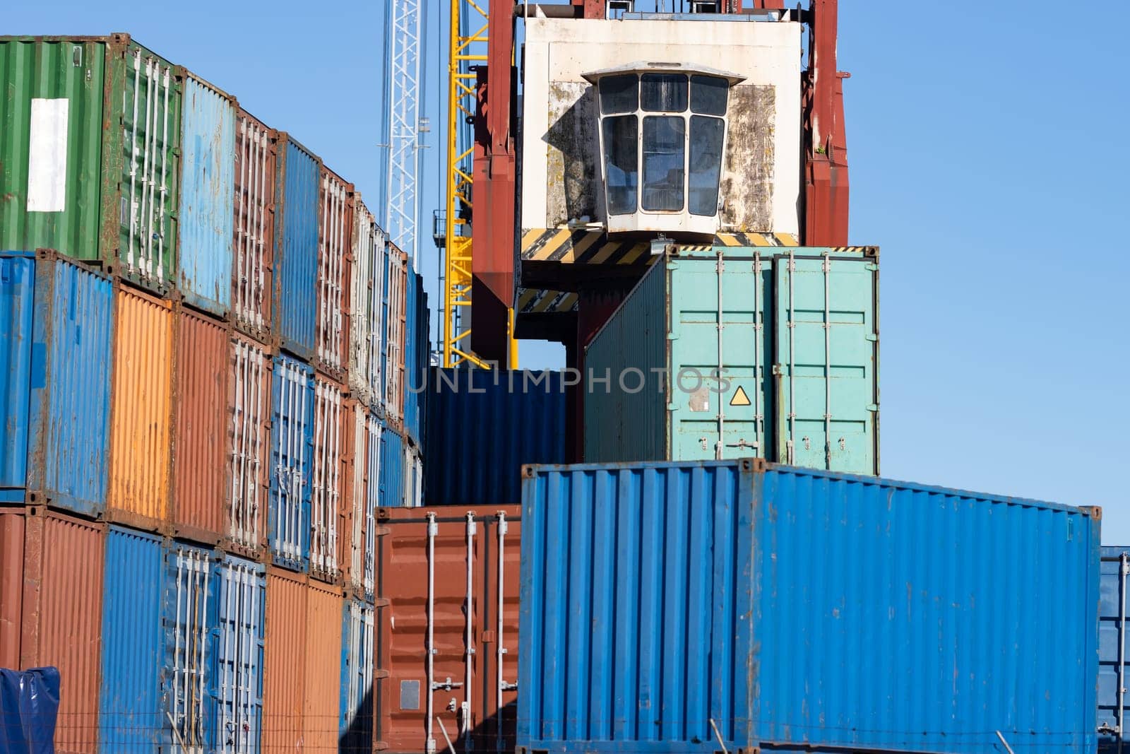 Colorful cargo containers in the seaport. Mid shot