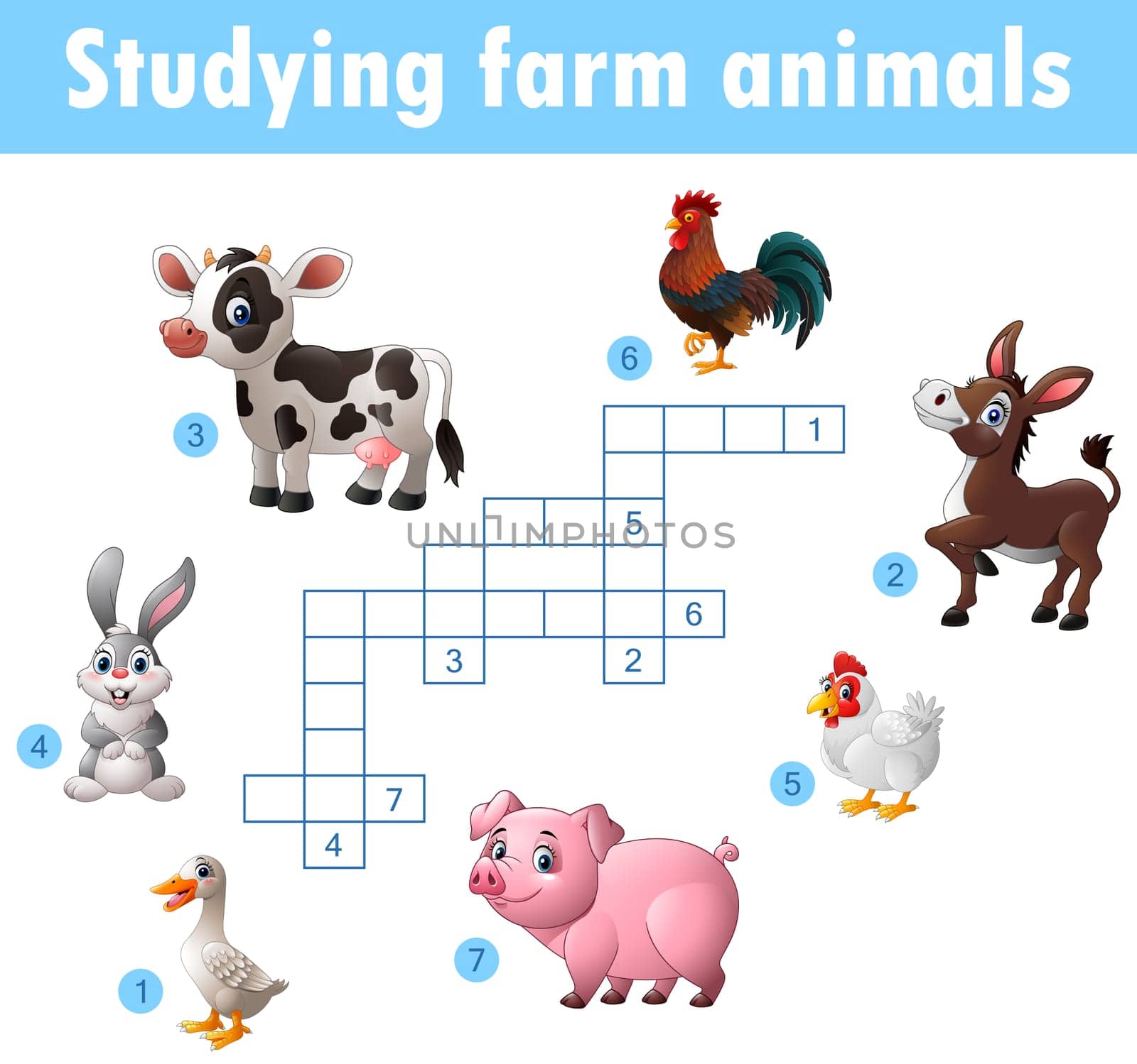 Card with crossword, education game for children about farm animals