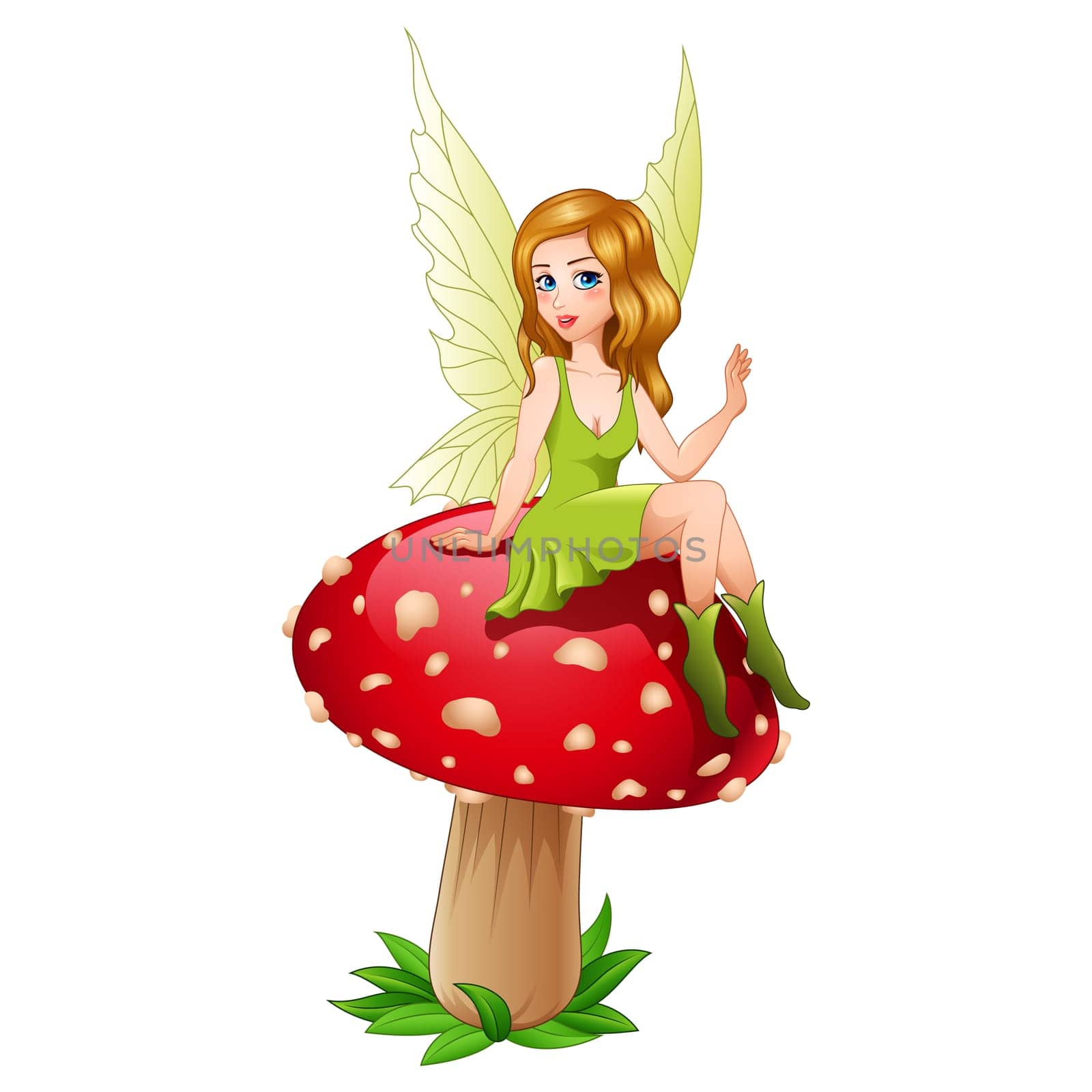 Cartoon cute fairy sitting on mushroom