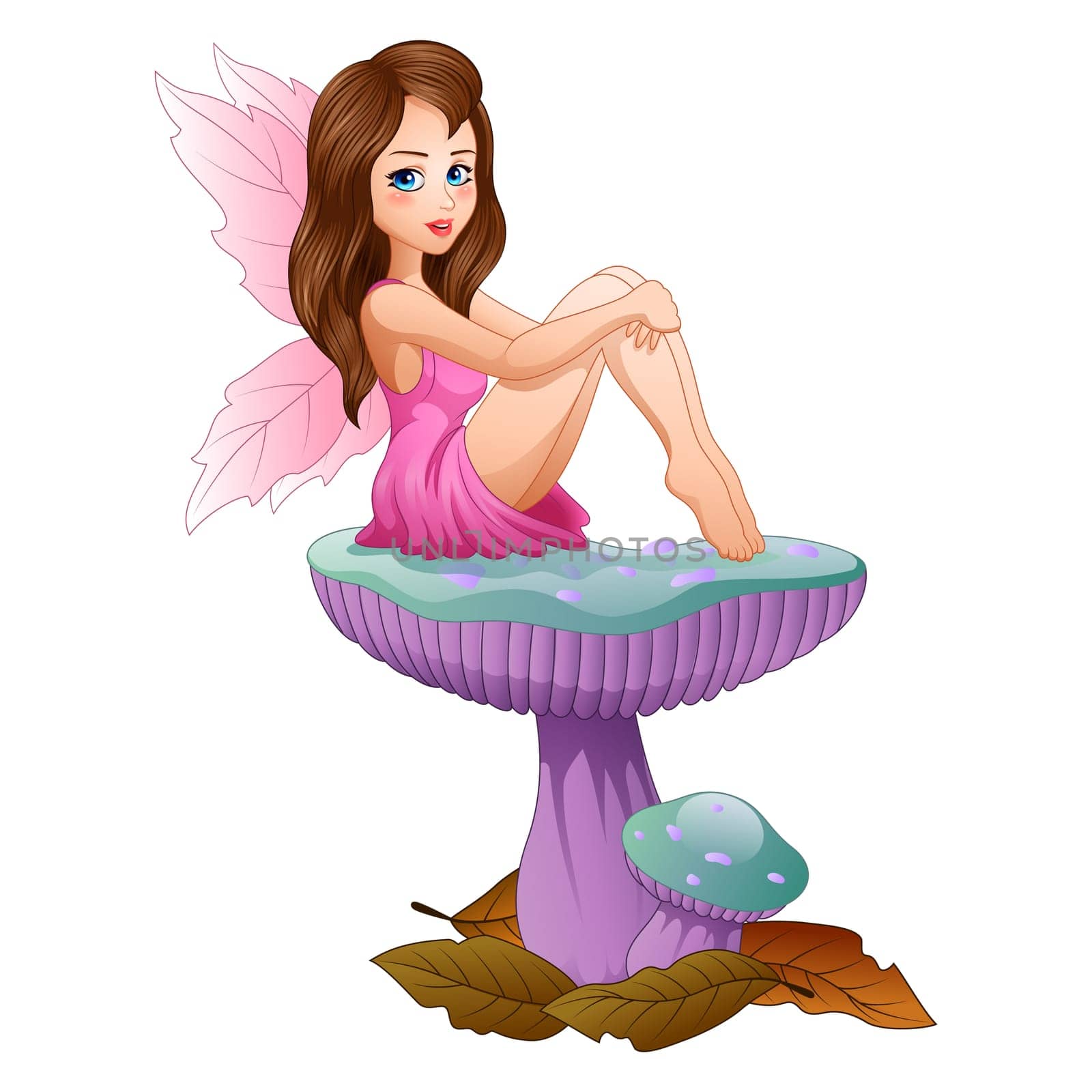Cartoon cute fairy sitting on mushroom