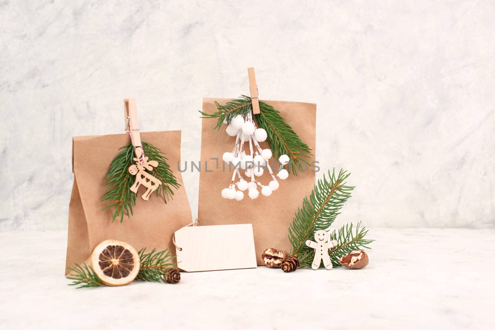 Christmas holiday gift bags for suprise, fir branches, gingerbread man, elk, snow covered berries and nuts, blank tag with copy space
