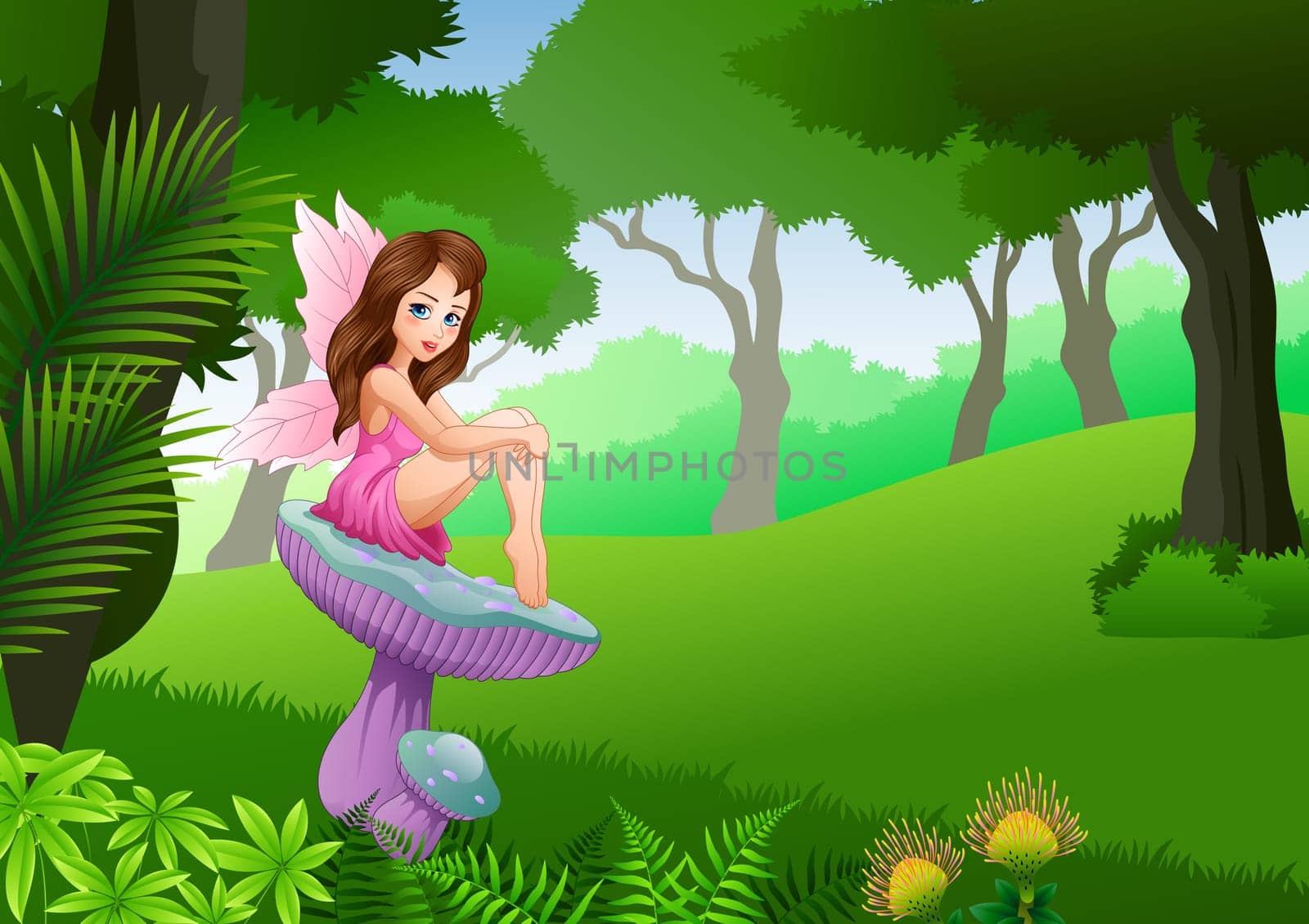 Little fairy sitting on mushroom with Tropical forest background