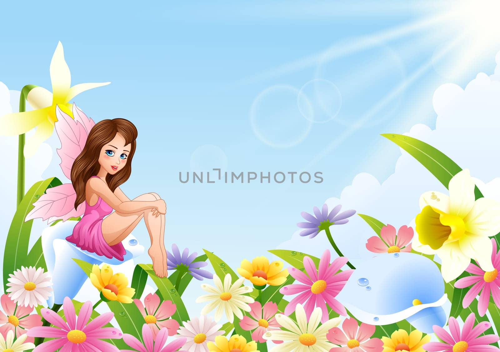 Cute fairy flying on flower field