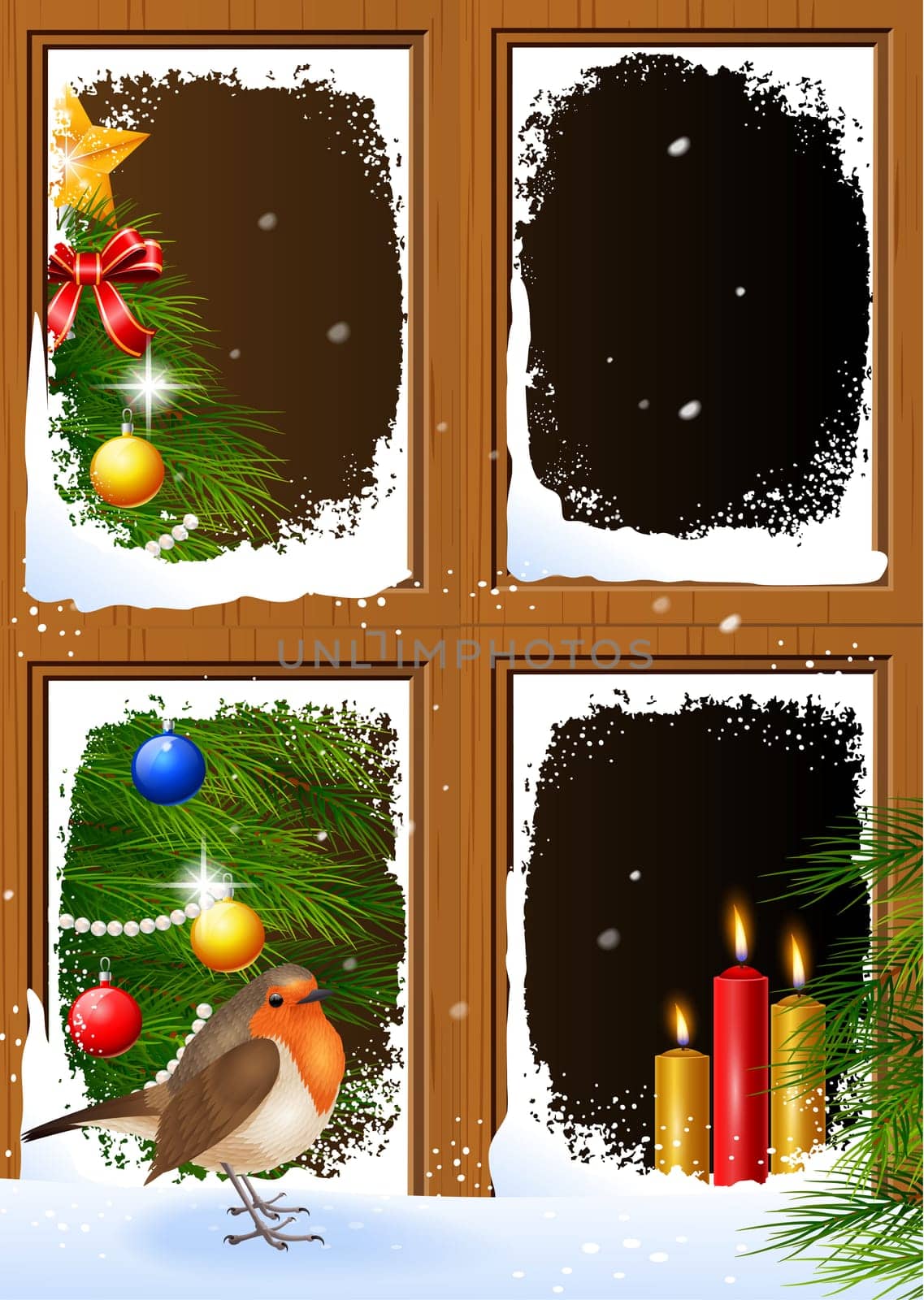 Christmas scenes seen through a wooden window