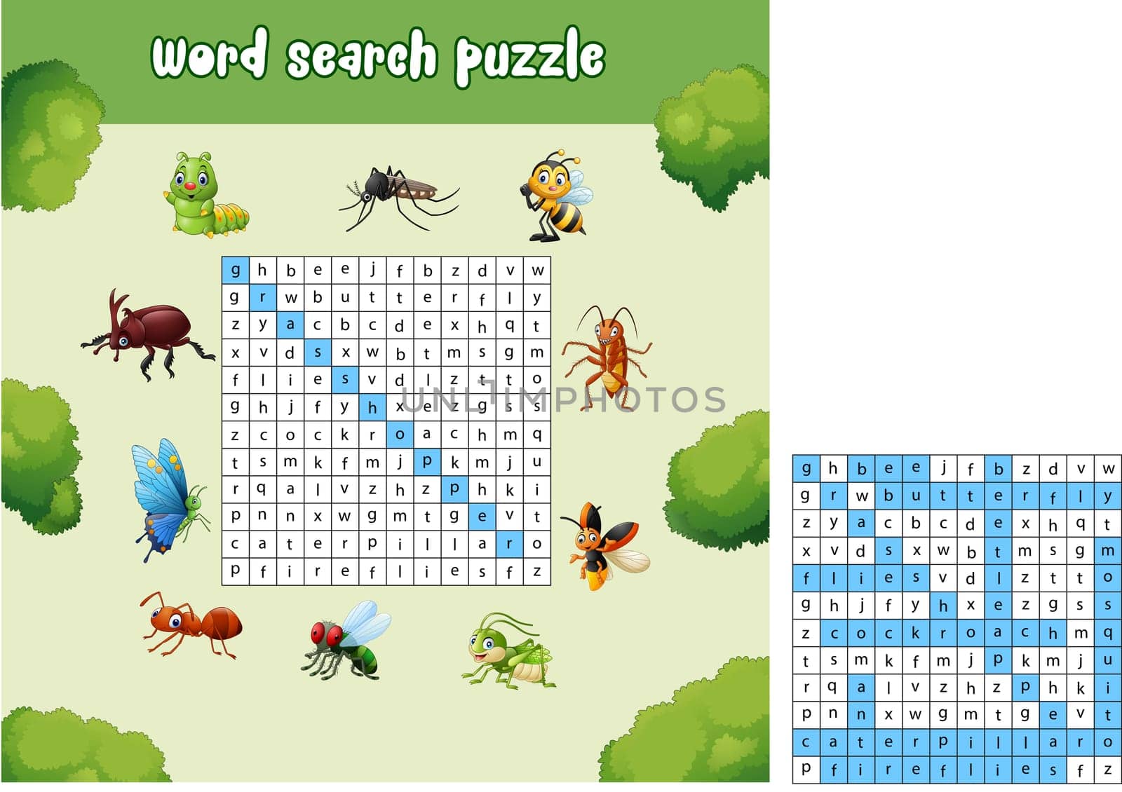 Word search puzzle about bugs animals