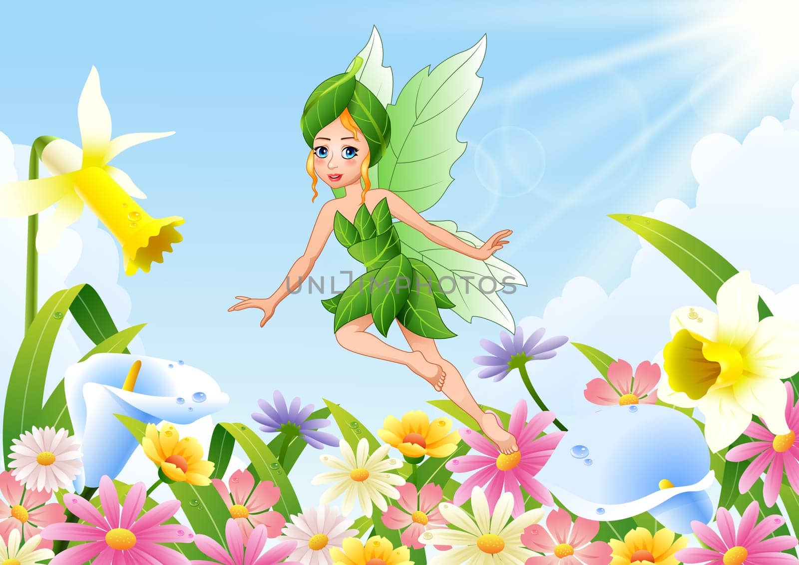Cute fairy flying on flower field