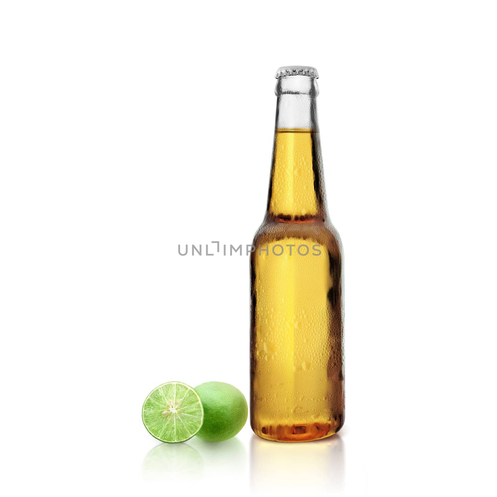 Beer bottle with lemon on white background