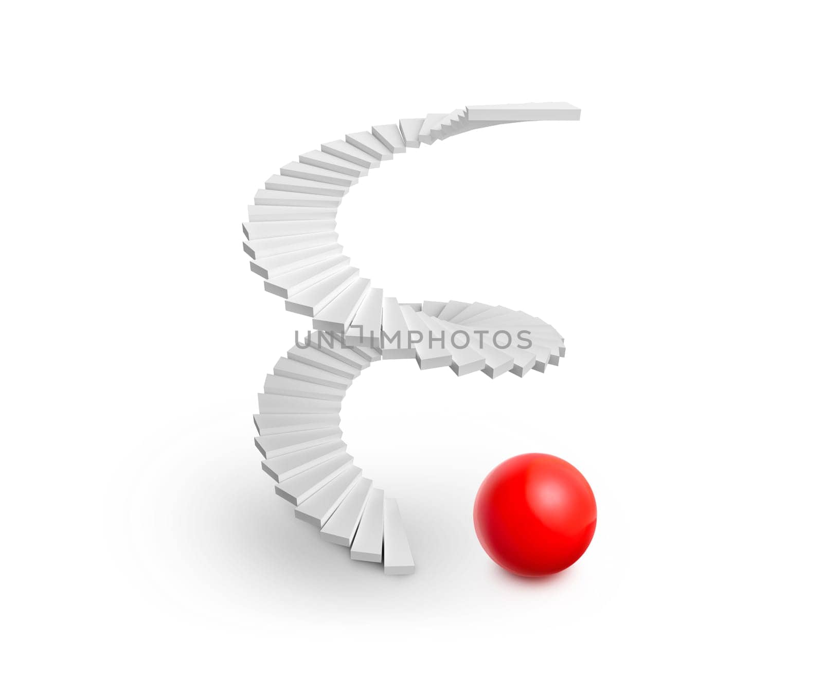 spiral staircase and red sphere on white background