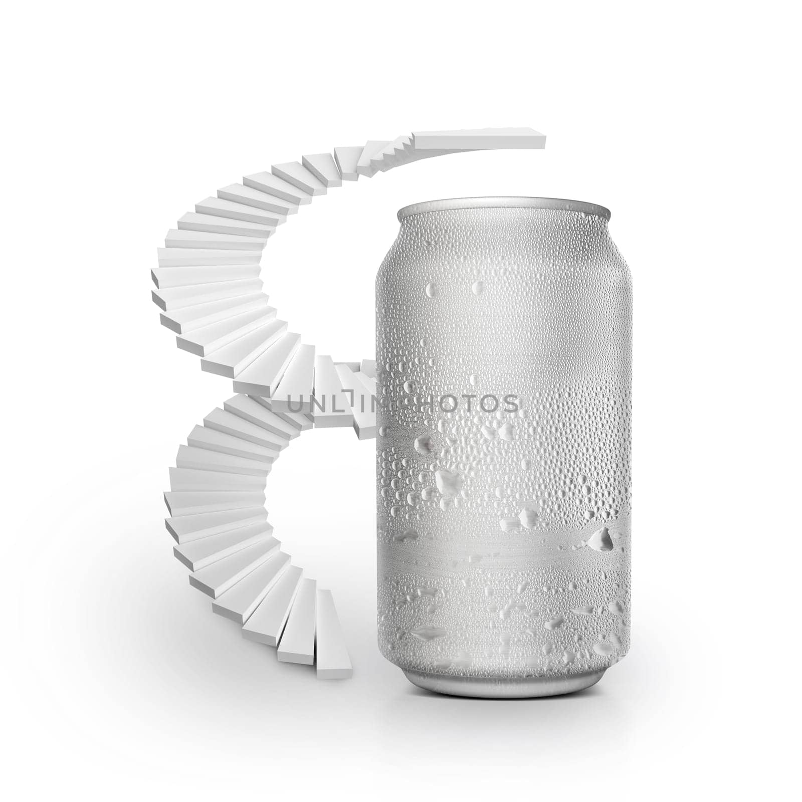 Aluminum can with water droplets sits on a spiral staircase