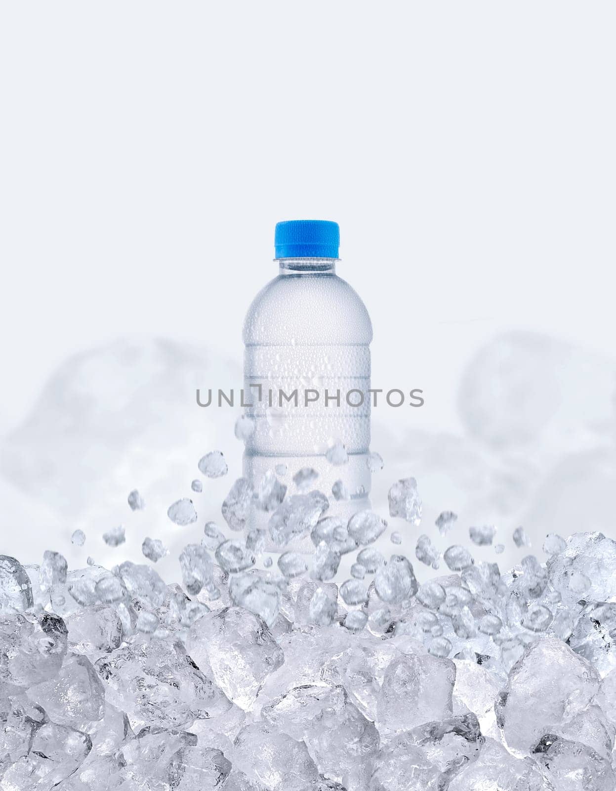 A water bottle floats up through the ice cubes