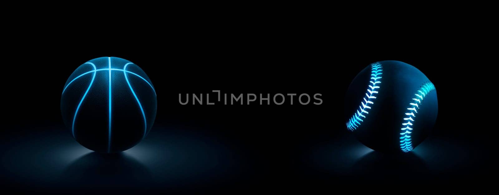 Basketball ball and black baseball ball with blue glowing neon lines on dark background