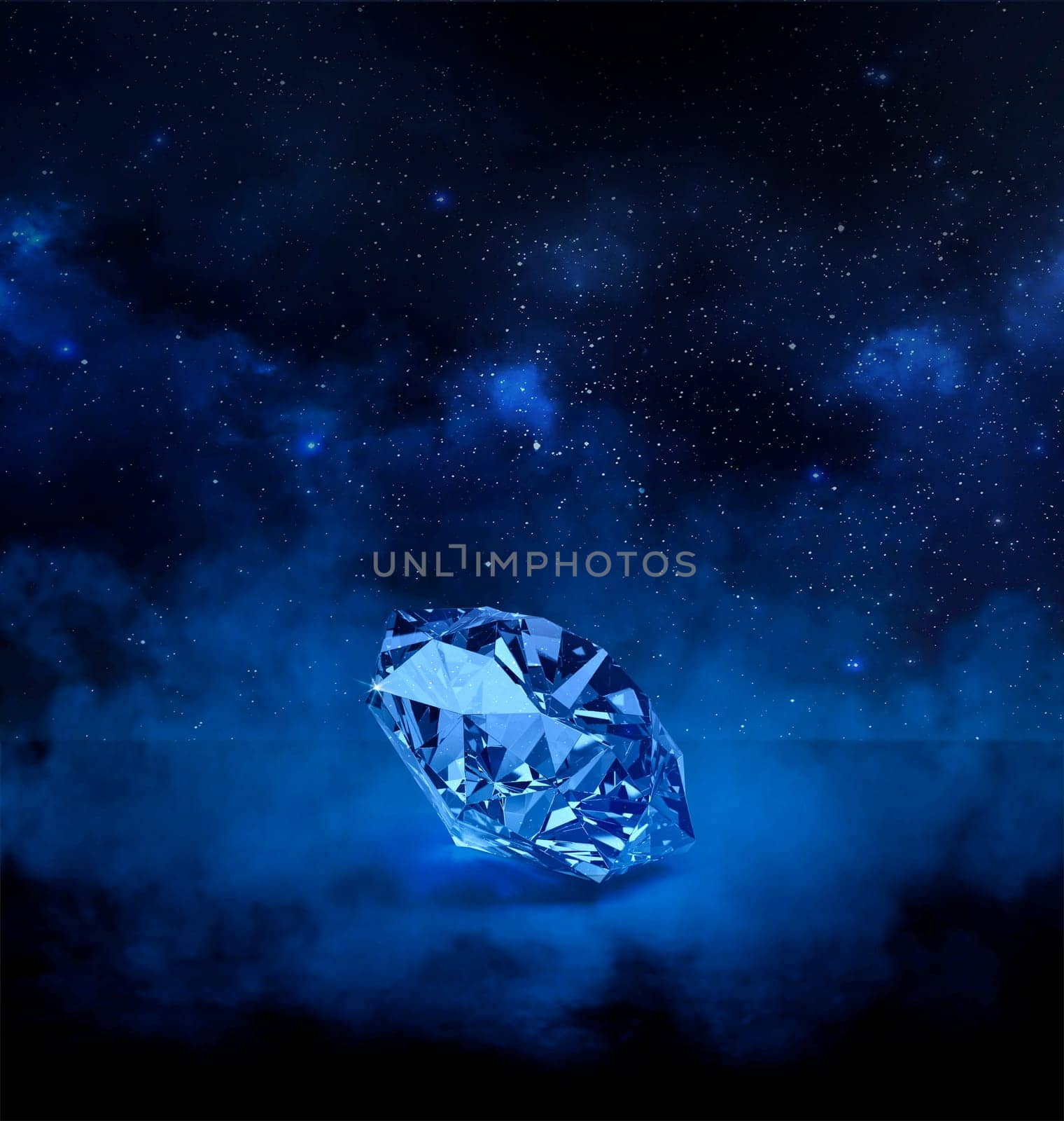 Dazzling diamond on stars background and smoke