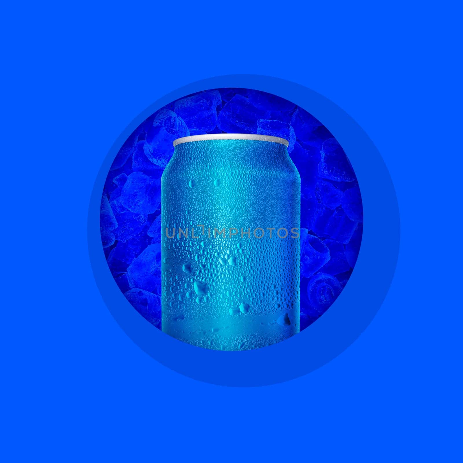 Cans with water droplets and ice on blue background