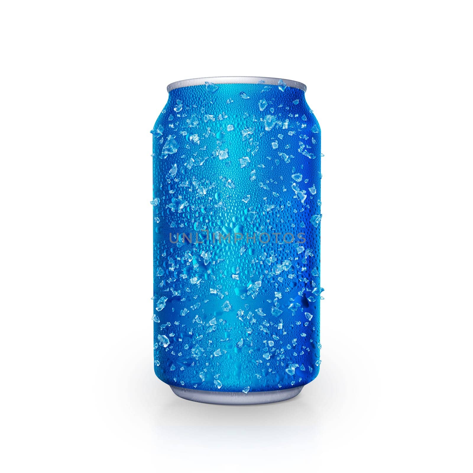 Cans with water droplets and ice on white background