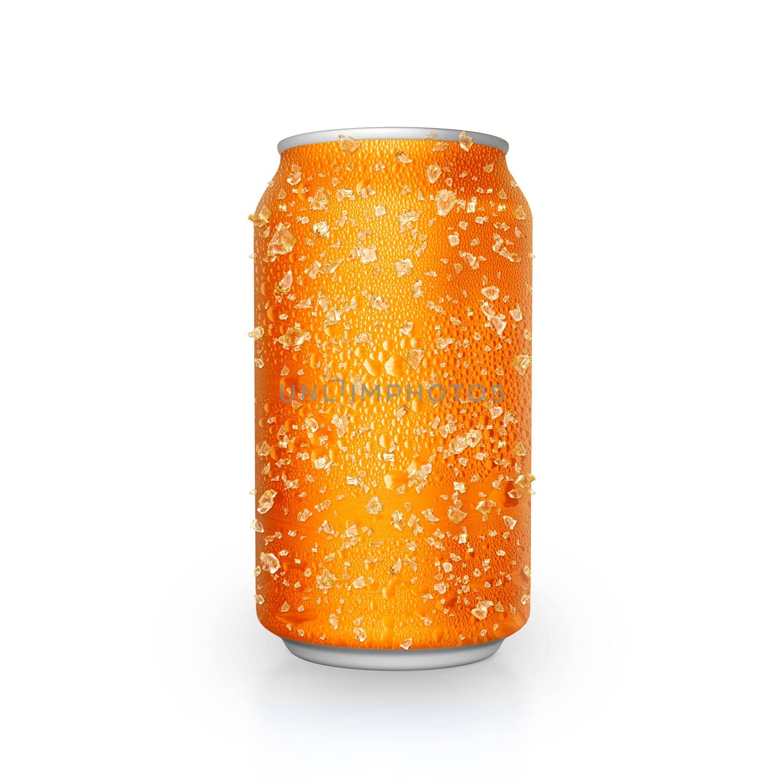 Cans with water droplets and ice on white background