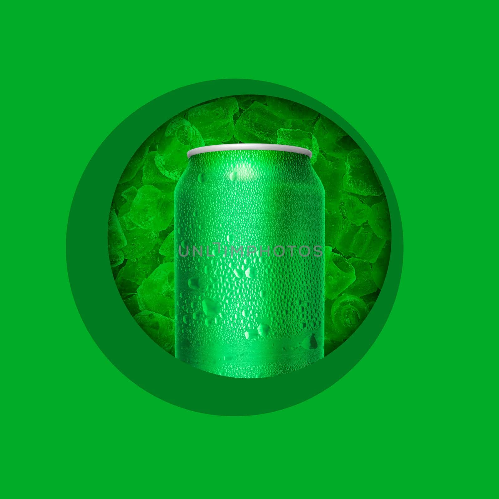 Cans with water droplets and ice on green background