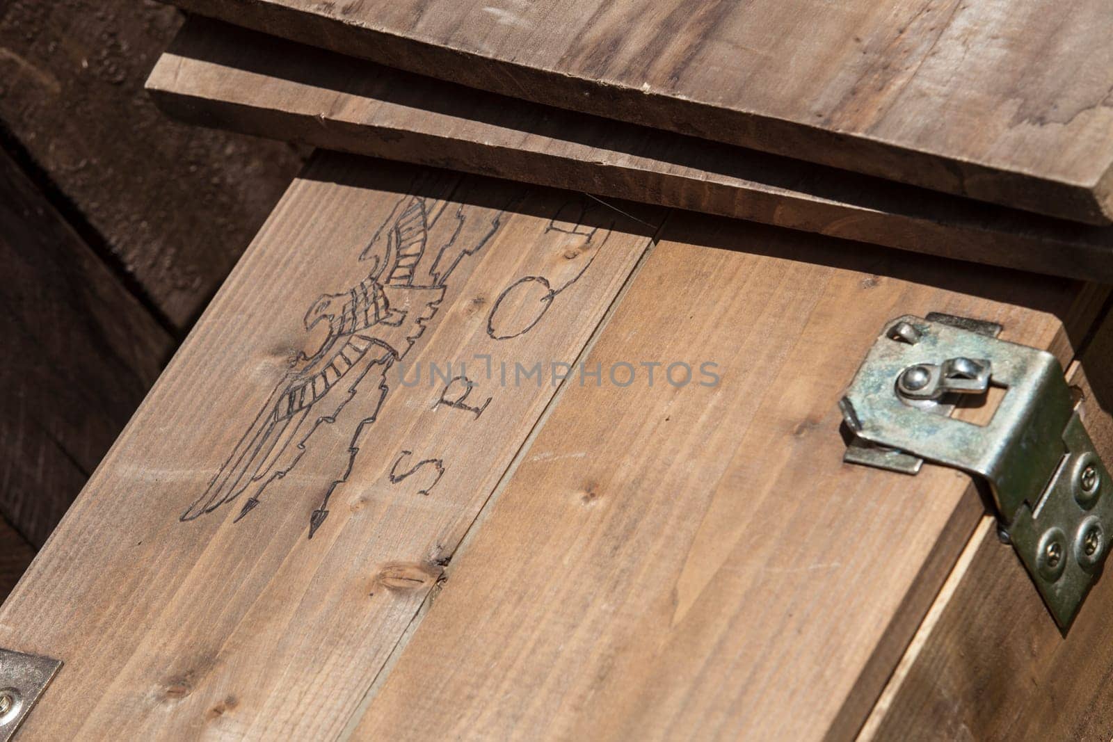 Camp wooden box for transport military supplies used by ancient roman army. SPQR symbol engraved