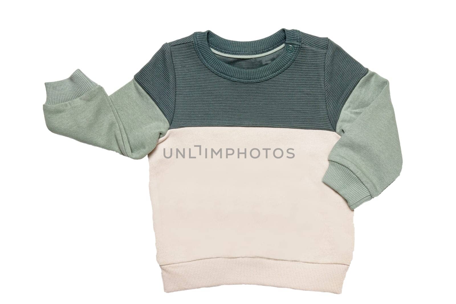 Autumn and winter children clothes. A green beige cozy warm sweater or pullover isolated on a white background. Spring fashion for child boy. Back view.