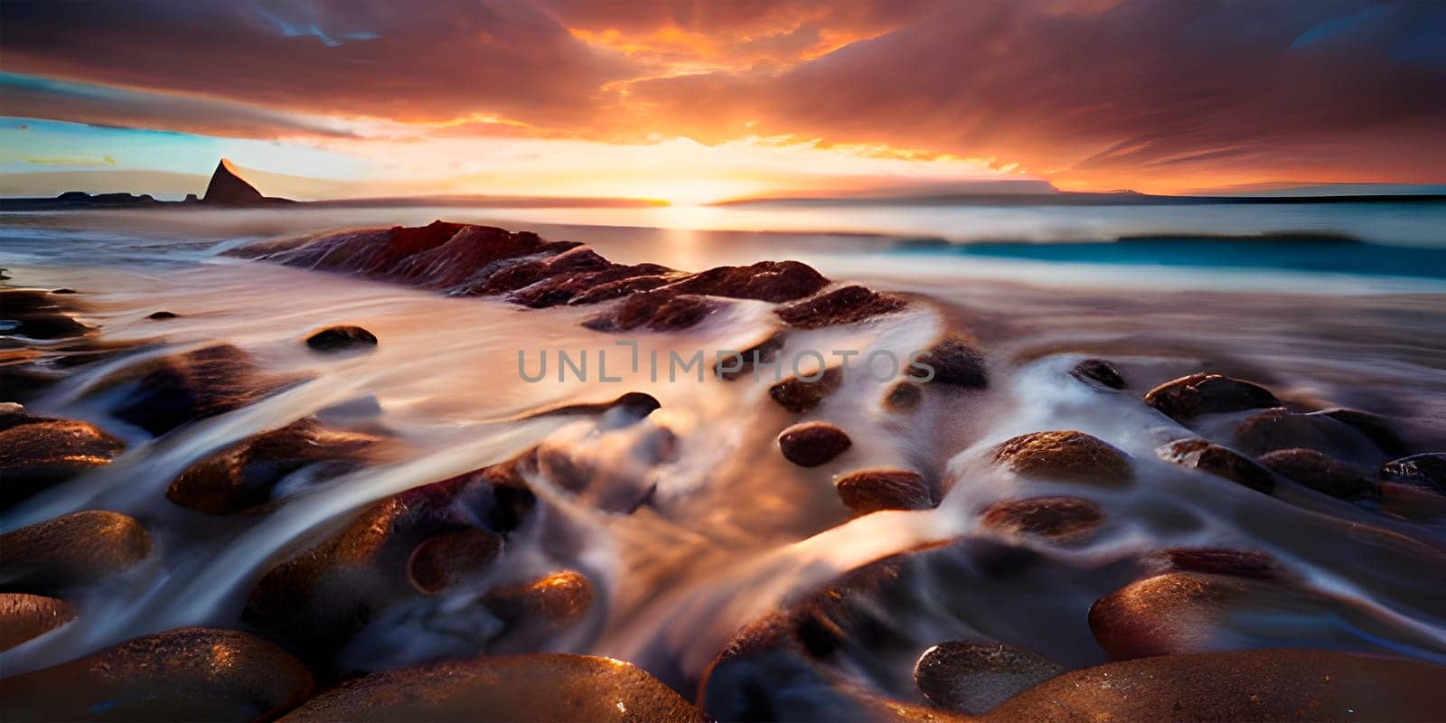 artificial intelligence generated painterly image of the beautiful paradise sunset at the seaside where sea waves splashing on the land and coconut trees nearby reflecting on the wet beach.