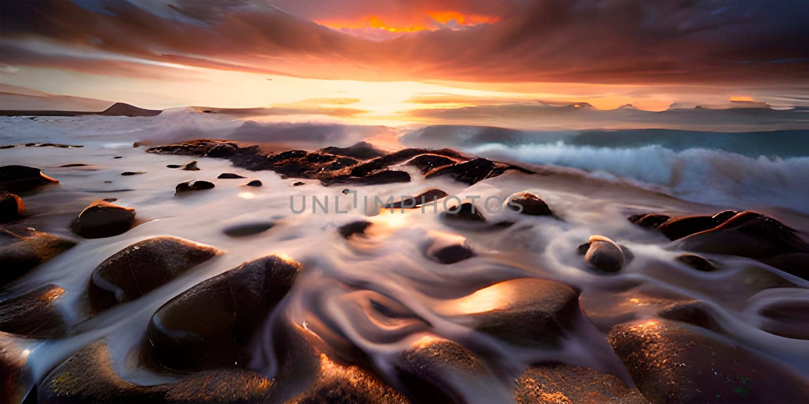 artificial intelligence generated painterly image of the beautiful paradise sunset at the seaside where sea waves splashing on the land and coconut trees nearby reflecting on the wet beach.