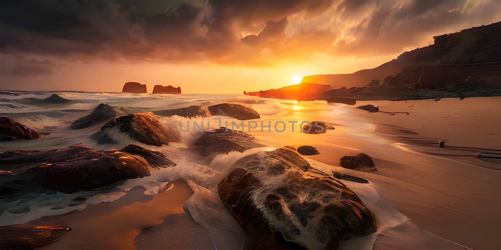 artificial intelligence generated painterly image of the beautiful paradise sunset at the seaside where sea waves splashing on the land and coconut trees nearby reflecting on the wet beach.