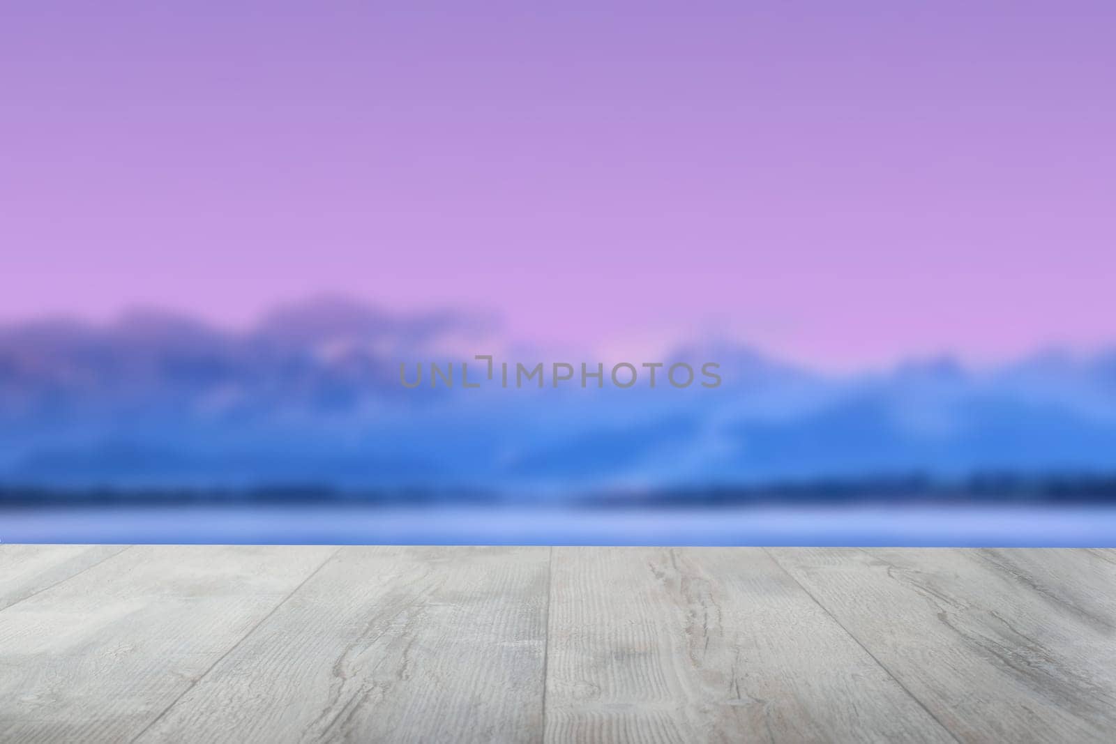 Empty wooden table over abstract blurred evening or sunset mood background texture with blue ocean and blue clouds with pink sunny sky.Space.