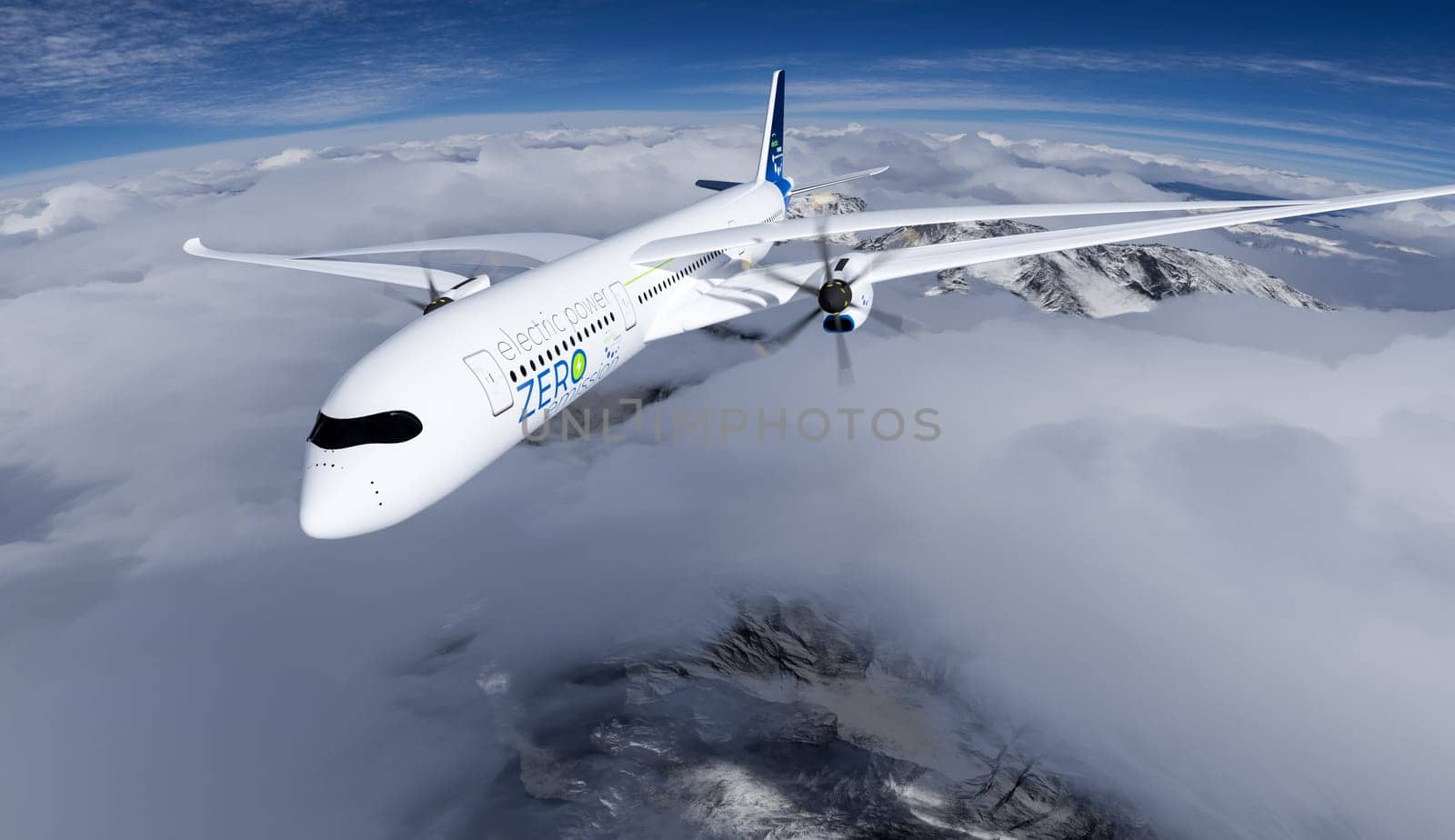 electric powered commercial airliner Aeroplane flying in the bue sky - future electro energy aviation concept. 3d rendering