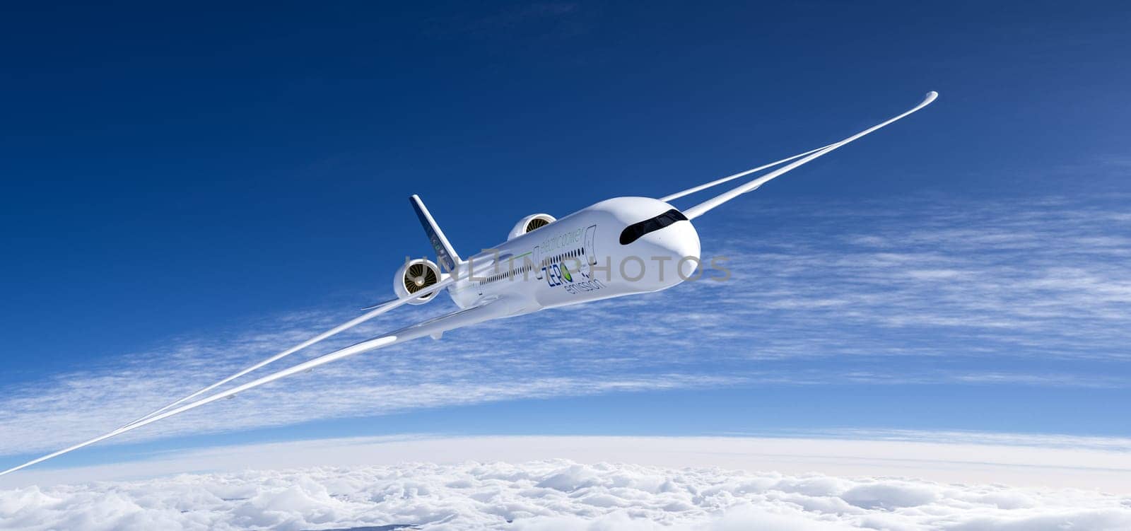 electric powered commercial airliner Aeroplane flying in the bue sky - future electro energy aviation concept. 3d rendering